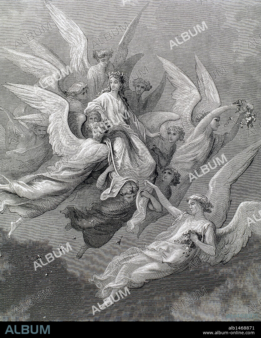 "LA DIVINA COMEDIA". Poema escrito en toscano donde se relata el viaje de su autor, DANTE ALIGHIERI, para llegar a la CONTEMPLACION DIVINA. "EN MEDIO DE UNA NUBE DE FLORES QUE ESPARCIAN AL AIRE MANOS ANGELICALES" (Purgatorio, c. XXX). Grabado de DORE.