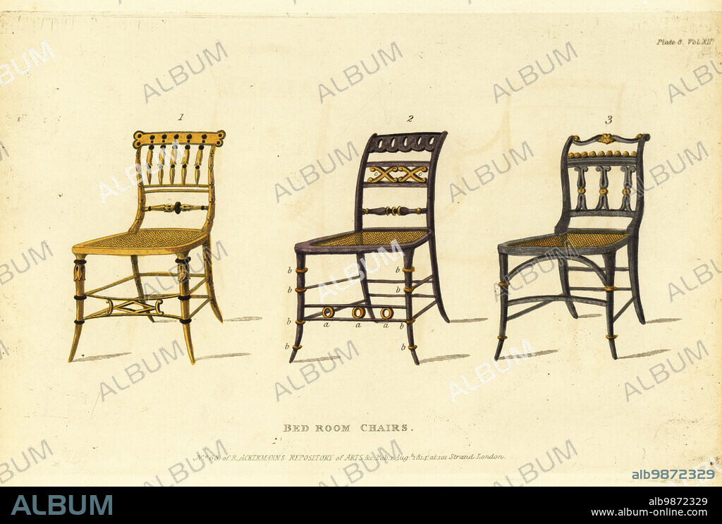Bedroom chairs, 1814. Japanned to imitate bamboo 1, black or rosewood ornamented with gilt 2,3. Handcoloured copperplate engraving from The Upholsterer's and Cabinet-Maker's Repository consisting of seventy-six designs of modern and fashionable furniture, Rudolph Ackermann, London, 1830.