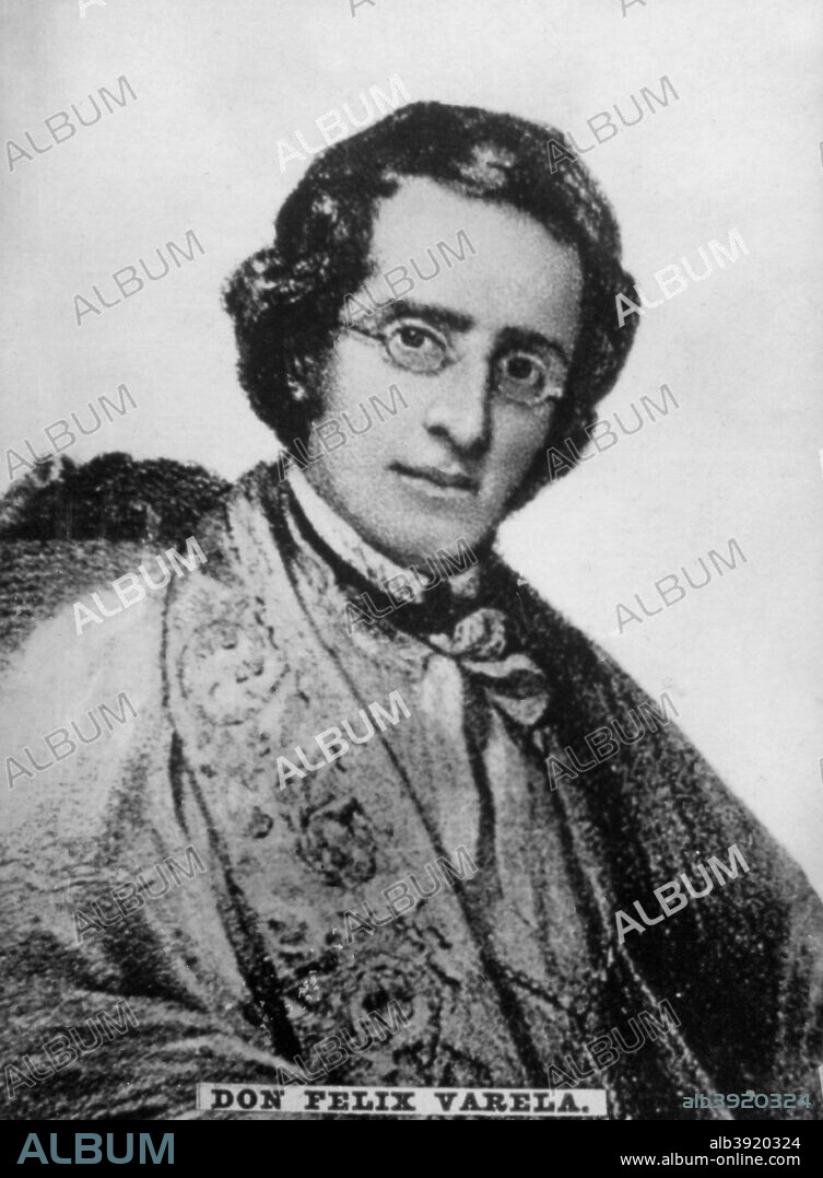 Felix Varela, philosopher and patriot, born in Havana in 1788. He was a Roman Catholic priest and independence leader who is regarded as a notable figure in the Catholic Church in Cuba and the United States. In 1811 he was named a philosophy professor. In 1821 Varela was chosen to represent Cuba in the Cortes Generales of Spain in Madrid, where he joined in a petition to the Crown for the independence of Latin America, and also published an essay which argued for the abolition of slavery in Cuba.  After fleeing to the United States, in New York, he founded 'El Habanero', the first Spanish-language newspaper in the United States, publishing many articles about human rights, as well as multiple essays on religious tolerance, cooperation between the English and Spanish-speaking communities, and the importance of education.  He died in Florida in 1853. Cigar card from the History of Cuba, Geografico Universal, Propaganda de los Cigarros Susini y La Corona, Tabacalera Cubana.