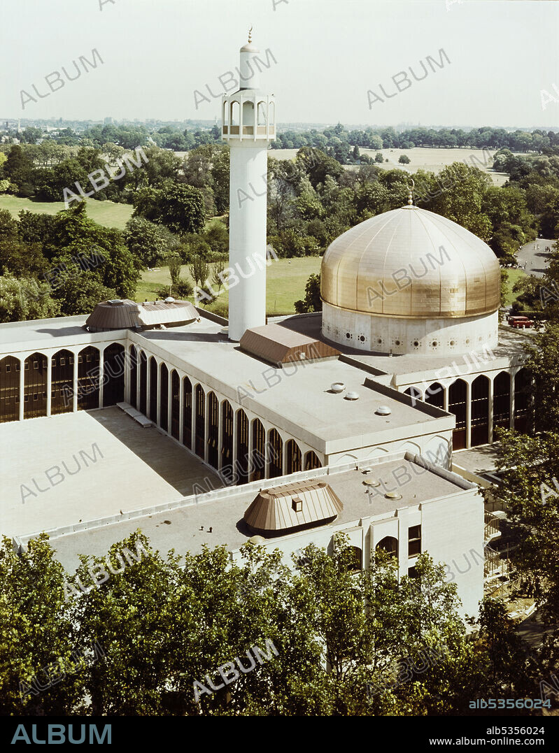 JOHN LAING PLC. London Central Mosque and The Islamic Cultural Centre, Park Road, Regent's Park, City of Westminster, Greater London Authority, 04/08/1977. A view of the newly completed London Central Mosque taken from a high vantage point, looking over the courtyard to the east side of the building. The London Central Mosque, also known as Regent's Park Mosque, was built by John Laing & Son Ltd between 1974 and 1977. The mosque was designed by English architect Sir Frederick Gibberd, who won the international competition to design the mosque in 1969.