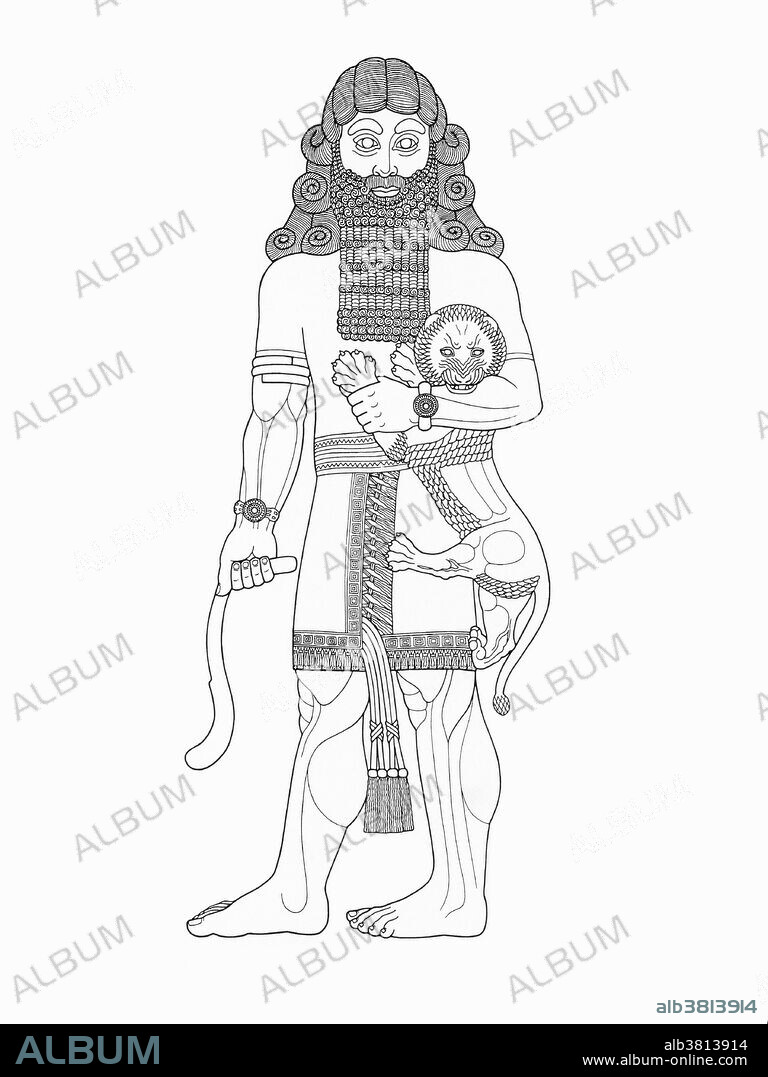 A figure of a hero taming a lion, historically taken to be a representation of Gilgamesh, king of the ancient Sumerian city Uruk, and considered a demigod in the mythology of Mesopotamia. Image derived from an 8th century BC relief from Assyria, present-day Iraq.