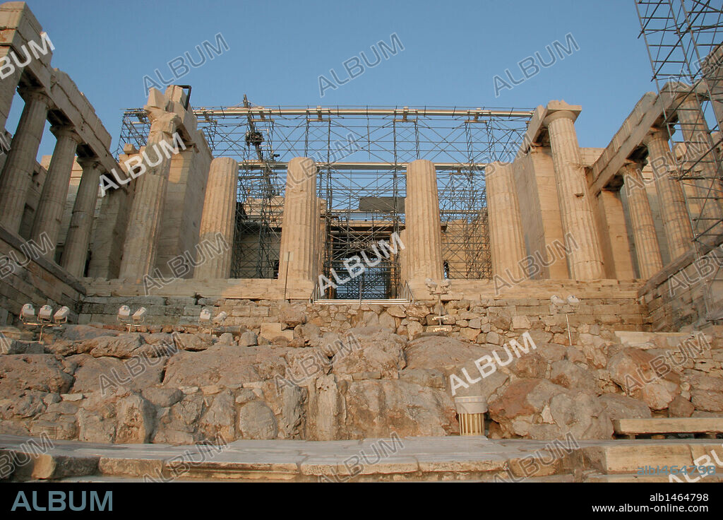 Greek Art. The Propylaea. In 437 BC Mnesicles started building the monument gates with columns of Pentelic marble. (437-432 BC). Acropolis. Athens. Attica. Central Greece. Europe.