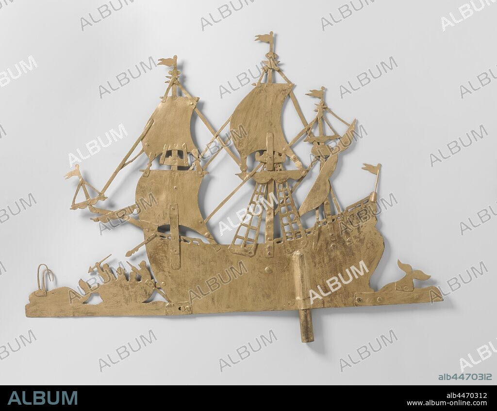 Weather vane of a whale hunt, Weather vane with three-mast in very with on both sides a whale on which fishermen are hunting in a barge. Gold plated., iron (metal), h 63.0 cm × w 90.5 cm.