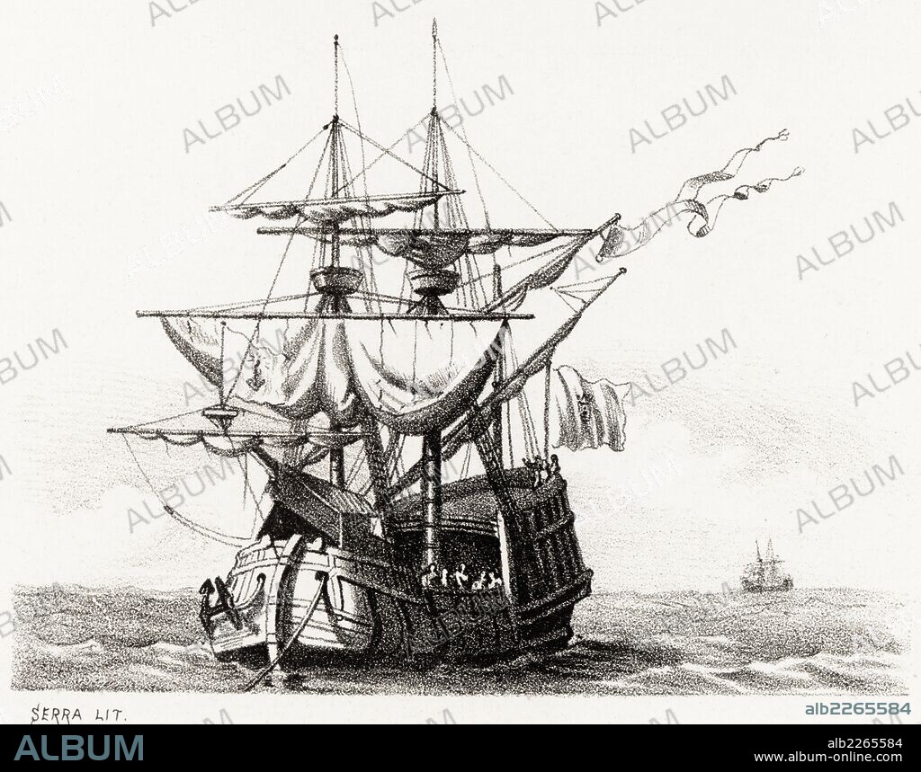 Historia de España. Buques de la Edad Media. Carraca, barco de transporte. Grabado de 1872.