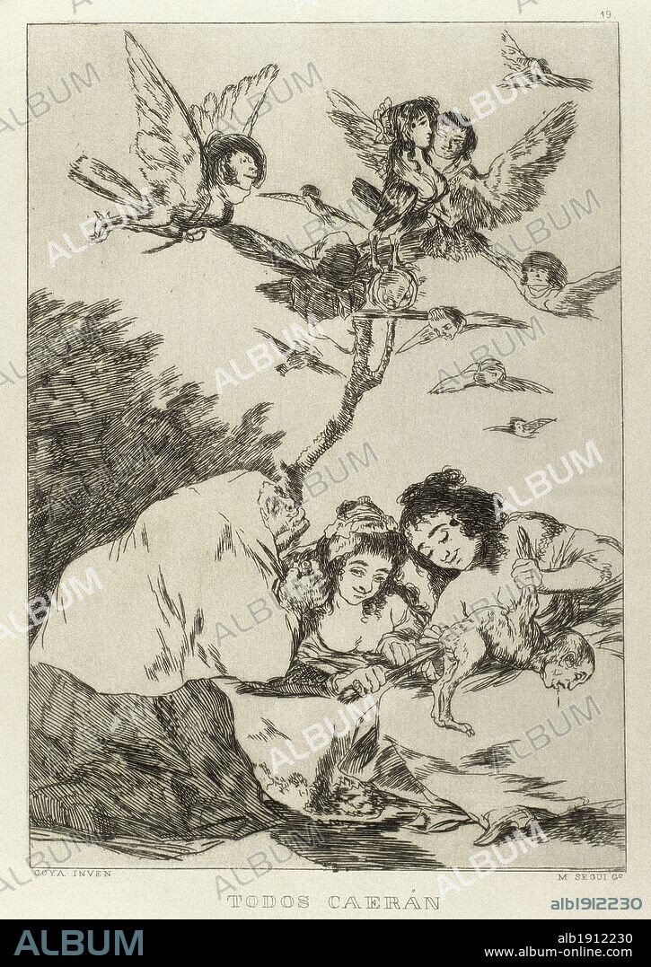 FRANCISCO DE GOYA. ARTE S. XVIII. ESPAÑA. GOYA, Francisco (Fuendetodos, 1746-Burdeos, 1828). Pintor y grabador español. "TODOS CAERAN". Aguafuerte que perteneece a la colección de 84 grabados titulada "CAPRICHOS" de temática satírico-fantasmagórica, editados en el año 1799. Reproducción de M. Seguí i Riera.