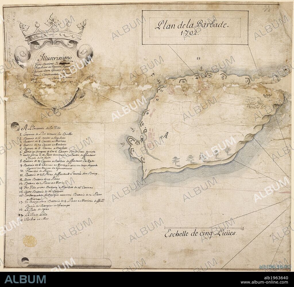 Plan de la Barbade. A simple map of the island of Barbados in 1702. . Plan de la Barbade, 1702. France. published in 1702 "Plan de la Barbade, 1702;" dedicated to AndreÌ, Marquis de Nesmond, Admiral, by Jean .. thov . . . Platevet de Paor; drawn on a scale of one inch to a league. Source: Maps K.Top.123.116. Language: French.