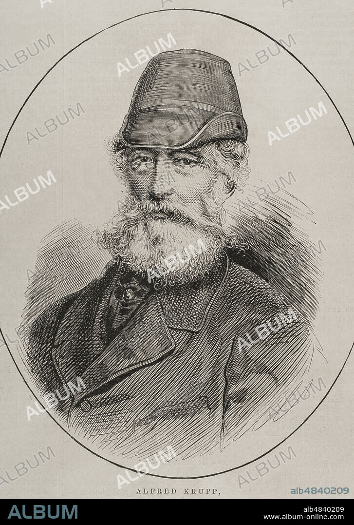 Friedrich Alfred Krupp (1854-1902). Empresario alemán, propietario de la fábrica y fundición de cañones de su nombre en Essen. Retrato. Grabado. La Ilustración Española y Americana, 1878.