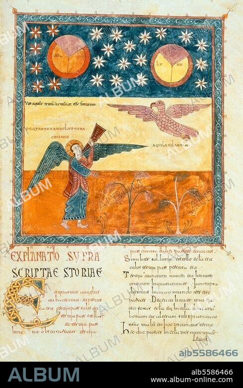 EMERETRIUS (ILLUMINATOR) et ENDE (ILLUMINATORIN). Enluminure catalane du monastère San Salvador de Tábara, par le moine Emeterios et une nonne, 975. / - Le 4e ange sonna...le jour s'assombrit...l'aigle volant cria... (Apo. 8,13). Ill. in :. Explanatio in Apocalypsim - Commentaire de l'Apocalypse, 786, du Beatus de Gérone (abbé de Liébana). Sur parchemin, H. 0,40 ; L. 0,26. Ms. 7 (11), fol. 153 r, Gerona, Museo Capitular de la Catedral.