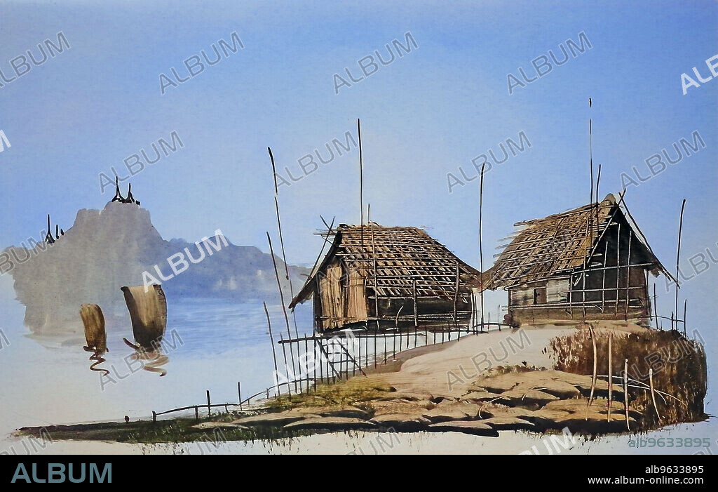 Huts, Historical landscape in Southeast Asia, 19th century lacquer painting from Laos.