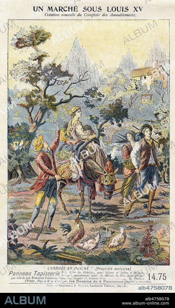 'Un marche sous Louis XV' : exemple de motif de tapisserie. Carte publicitaire de 1904 pour une exposition de tapis et d'ameublements a la Maison du Petit Saint-Thomas. Credit : Collection IM/KHARBINE-TAPABOR.
