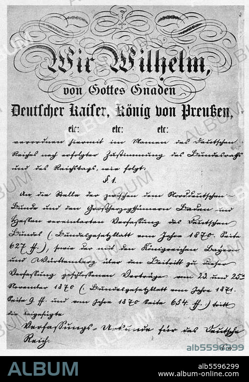 Founding of the German Reich, January 1871. Kaiser Wilhelm I's decree on the implementation of the constitution of the German Reich to the States of Baden, Hesse, Bavaria and Württemberg.