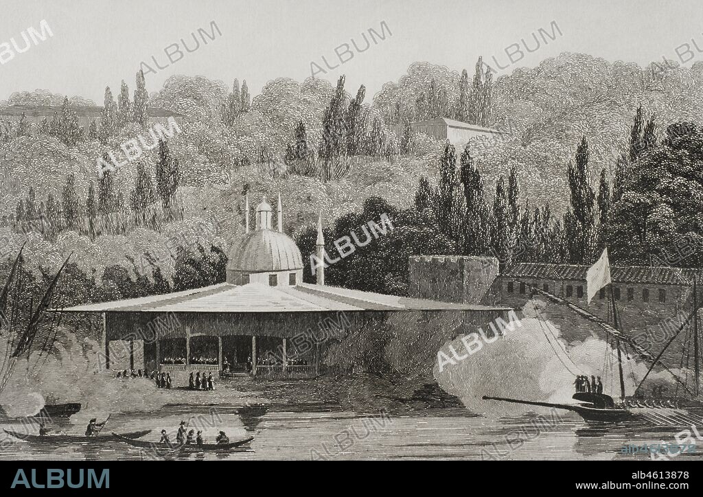 Imperio Otomano. Turquía. Kiosko de los Armeros (Djebedjiler-Kioscky). Grabado por Lemaitre, J. Arnout y S. Cholet. Historia de Turquía, por Joseph Marie Jouannin (1783-1844). Panorama Universal, edición española de 1840.