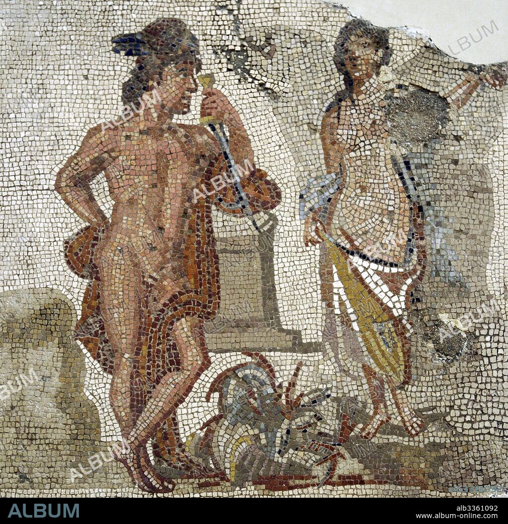 Mosaic of the Medusa, inspired on the myth of Perseus. Scene of Perseus and Andromeda. Found in Tarraco. 2nd-3rd century A.D. National Archaeological Museum, Tarragona. Spain.