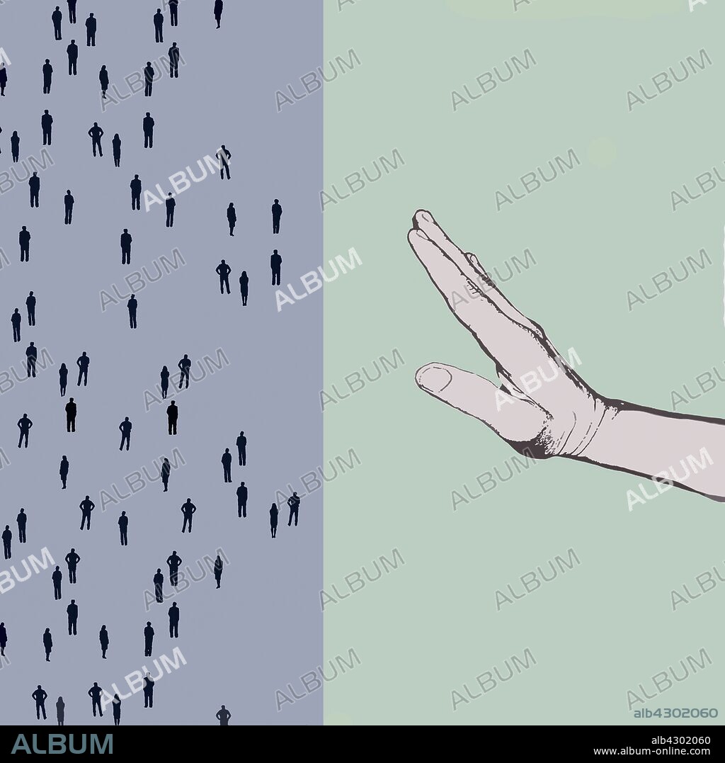 Hand stopping people crossing dividing line.