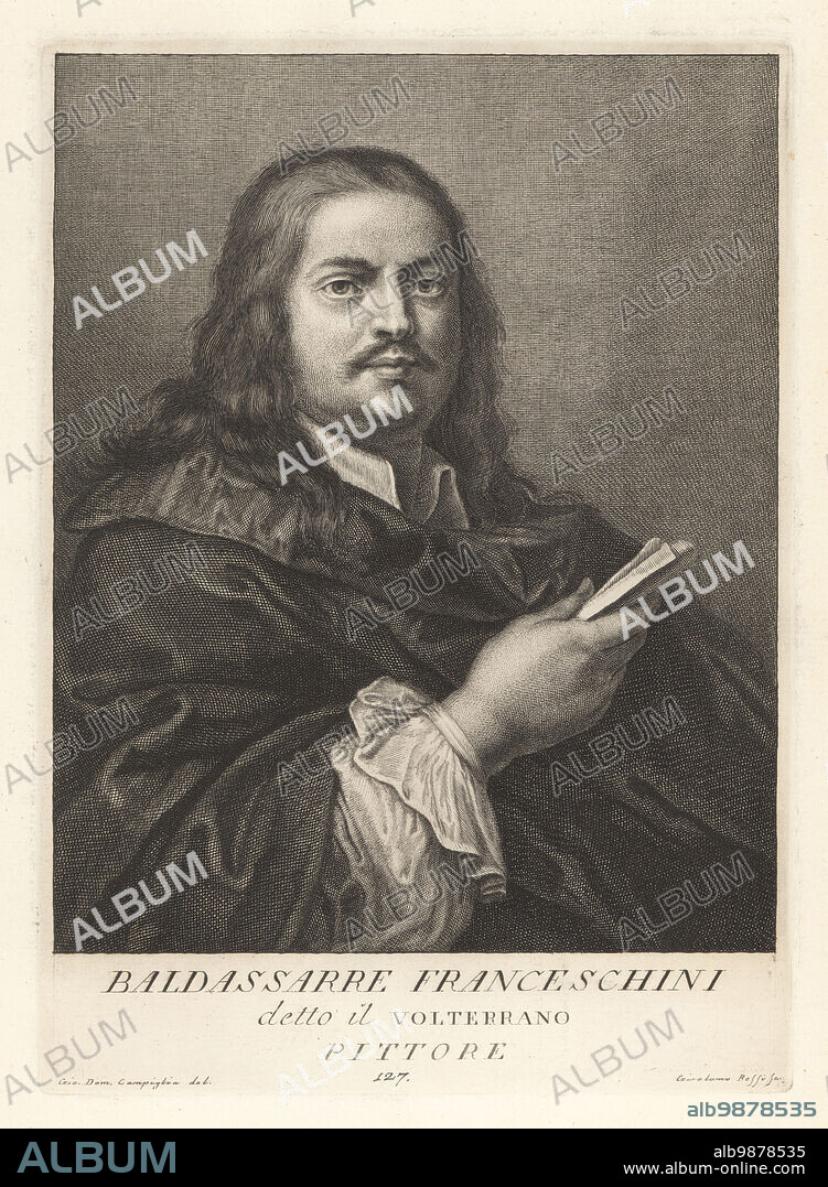 Baldassare Franceschini, called Il Volterrano after his birth place Volterra, Italian late Baroque painter and draughtsman, 1611-1689. Active principally around Florence and Volterra. Pittore. Copperplate engraving by Girolamo Rossi after Giovanni Domenico Campiglia after a self portrait by the artist from Francesco Moucke's Museo Florentino (Museum Florentinum), Serie di Ritratti de Pittori (Series of Portraits of Painters) stamperia Mouckiana, Florence, 1752-62.