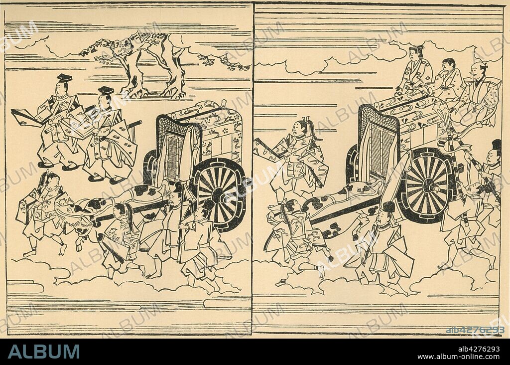 HISHIKAWA MORONOBU. Carriages drawn by oxen, 1663, (1924). From Volume I of the "Soga Monogatari" by Moronobu, [1663]. Published in "Block Printing & Book Illustration in Japan", by Louise Norton Brown. [George Routledge & Sons, Ltd., E. P. Dutton & Co., London & New York, 1924].