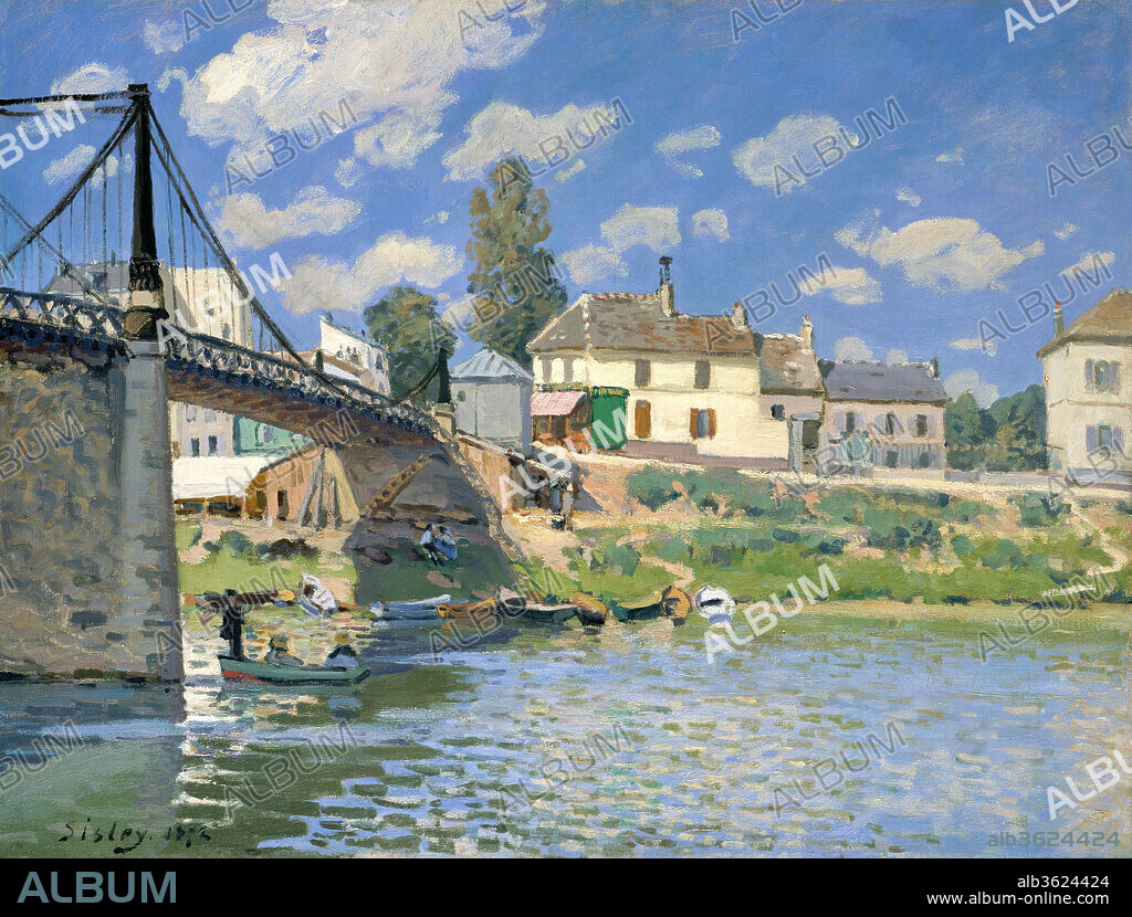 The Bridge at Villeneuve-la-Garenne. Artist: Alfred Sisley (British, Paris 1839-1899 Moret-sur-Loing). Dimensions: 19 1/2 x 25 3/4 in. (49.5 x 65.4 cm). Date: 1872.

Recently built, state-of-the-art bridges, emblematic of modernity, appear in a number of Sisley's paintings of the 1870s and early 1880s. This close-up, dramatically angled view depicts the cast-iron and stone suspension bridge that was constructed in 1844 to connect the village of Villeneuve-la-Garenne with the Paris suburb of Saint-Denis. Sisley enlivened the scene by showing holidaymakers on the Seine and along the riverbank. Flat strokes of high-keyed color convey the fleeting effect of sunlight on the water.