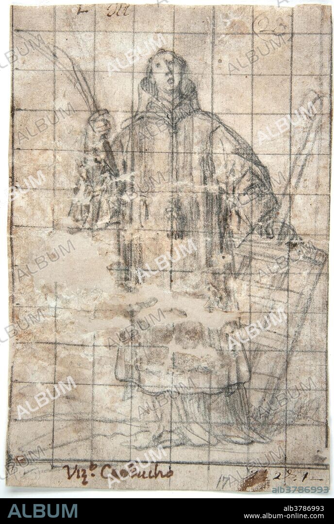 VINCENZO CARDUCCI. Vicente Carducho / 'Saint Lawrence'. Ca. 1598. Black chalk, Squared-up on yellow laid paper.
