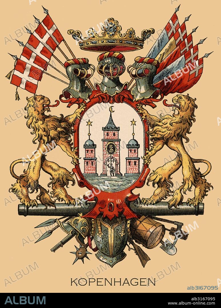 Europa. Escudo heráldico de la ciudad de Copenhagen, Dinamarca. Grabado de 1870.