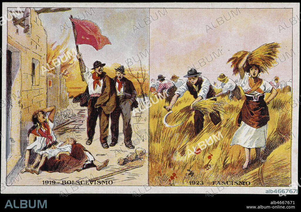 '1919-Bolchevismo (Misere des paysans, hommes brandissant drapeau rouge). 1923-Fascismo (opulance, scene de moissons, tout le monde au travail)'. Carte postale editee par le Partie National Fasciste lors des elections de 1924. Credit : Collection IM/KHARBINE-TAPABOR.