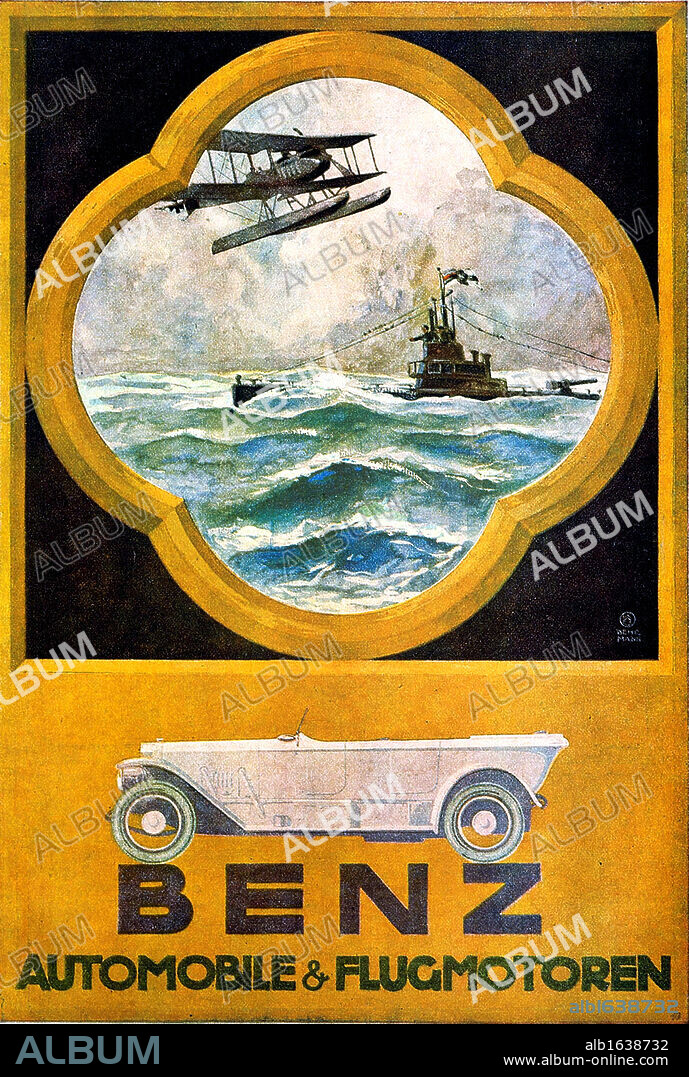Otto Albert Koch (1866-1920), German graphic artist. Mercedes Benz Automobile advertisement: Land, water, air: In addition to Benz automobiles, this poster of 1918 is advertising aero and marine engines.
