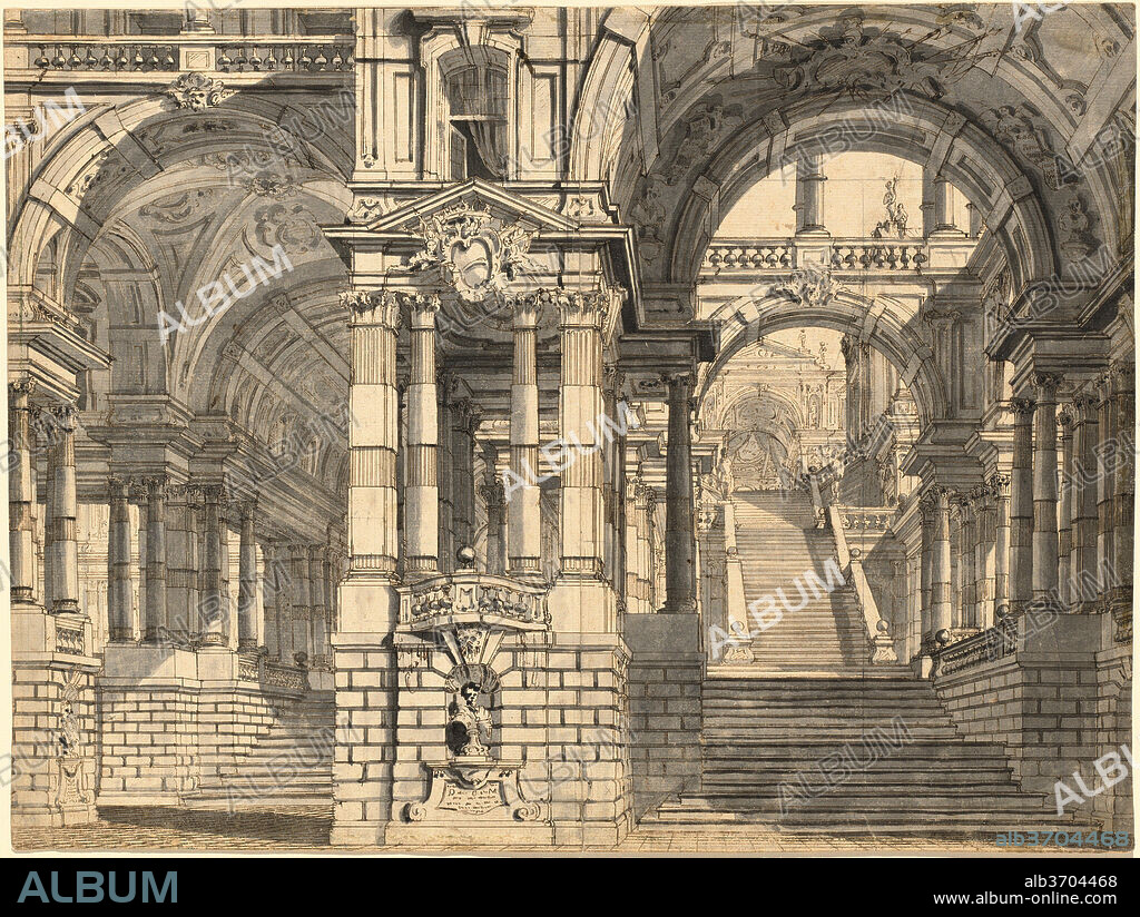 PIETRO GONZAGA. Fantasy of Magnificent Courtyards and Loggie with a Monumental Staircase. Dated: early 1770s. Dimensions: overall: 38.3 × 51.1 cm (15 1/16 × 20 1/8 in.). Medium: pen and brown ink with gray and black wash over graphite on two joined pieces of laid paper.