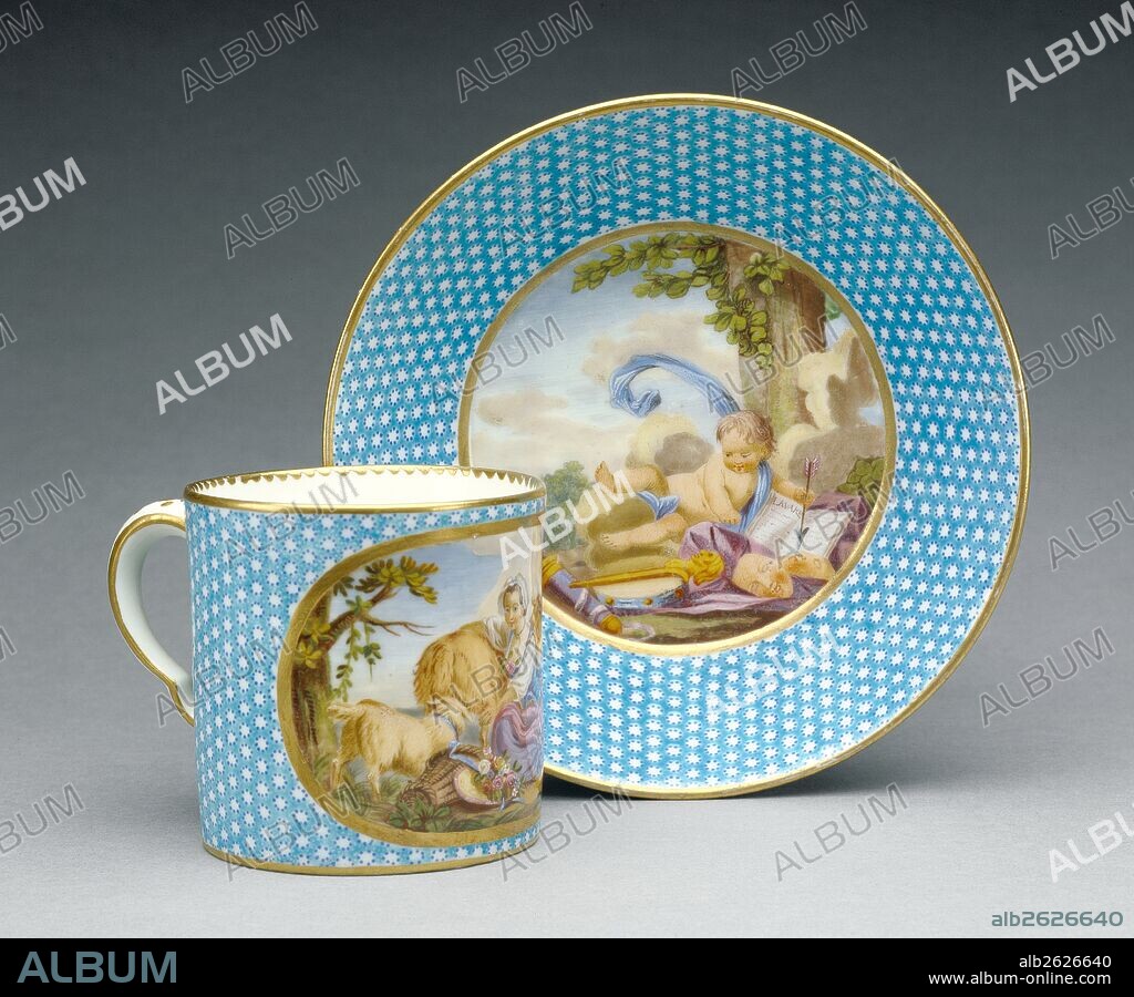 Cup and Saucer (gobelet litron et soucoupe, deuxième grandeur); Painted by Etienne-Jean Chabry fils, French, active 1765 - 1787, Gilded by Michel-Barnabe Chauvaux, ainé, French, active 1753 - 1788, Sèvres Manufactory, French, active 1756 - present; Sèvres, France, Europe; 1773; Soft paste porcelain, bleu céleste ground color, polychrome color enamel decoration and gilding; Object [cup]: H: 6.7 x W: 8.9 x D: 6.5 cm (2 5/8 x 3 1/2 x 2 9/16 in.), Object [saucer]: H: 4 x Diam.: 13.8 cm (1 9/16 x 5 7/16 in.).
