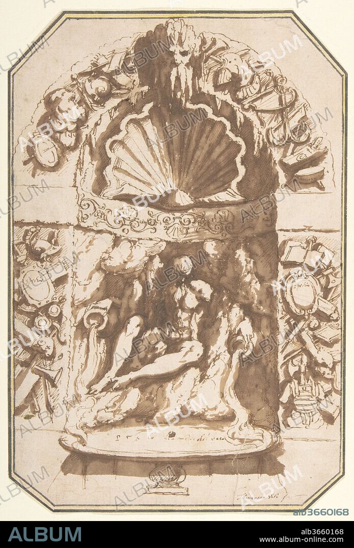 A Fountain in a Grotto. Artist: Giovanni Guerra (Italian, Modena 1544-1618 Rome). Dimensions: maximum, corners cut to octagonal shape: 10 3/4 × 7 1/4 in. (27.3 × 18.4 cm). Date: ca. 1598.
During the 16th century, Italian nobles developed a taste for artificial grottoes in their gardens and sometimes even in their houses. Artists, such as Giambologna and Bernardo Buontalenti became very skilled in inventing landscapes of rocks and shells often inhabited by amphibians, invertebrates and other animals. The aquatic nature of most of these grottoes also lent itself well to the inclusion of fountains and statues of deities connected to water. In this design by Giovanni Guerra, a river god is seated on the rocks. He supports two amphorae from which water falls into the basin below.