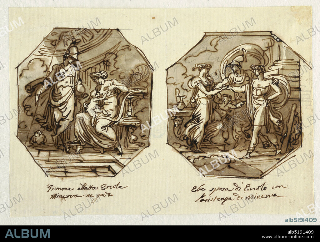 Juno Suckling Hercules, Hebe Marries Hercules with Help of Minerva, Designed for Sala di Ercole e Ebe, Palazzo Gaddi, Forli., Felice Giani, Italian, 17581823, Pen and brown ink, brush and greyish-brown watercolor on paper., At left, Juno seated in domed hall. She gives right breast to child seated upon her right leg. Minerva stands beside and looks on. Caption: 'Giuonone allatta Erocle/ Minerva ne gode.' At right: Minerva having put her left arm around Hercules, leads him to Hebe, whose right arm she takes. Hebe has joined hands with Hercules. Cupid led her to Hercules. A table with pitcher shown left rear, Hercules club leans against the pedestal of column in right rear. Caption: 'Ebe sposa di Ercole con l'asistenza di Minerva.', Italy, 1819, figures, Drawing, Drawing.