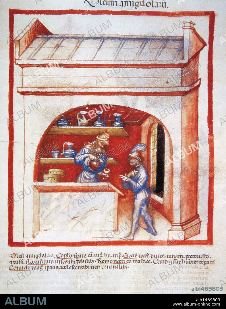 "TACUINUM SANITATIS". Datado a finales del S. XIV. Boticario vendiendo aceite de almendras a un hombre con dolor en el pecho. Folio 91r.