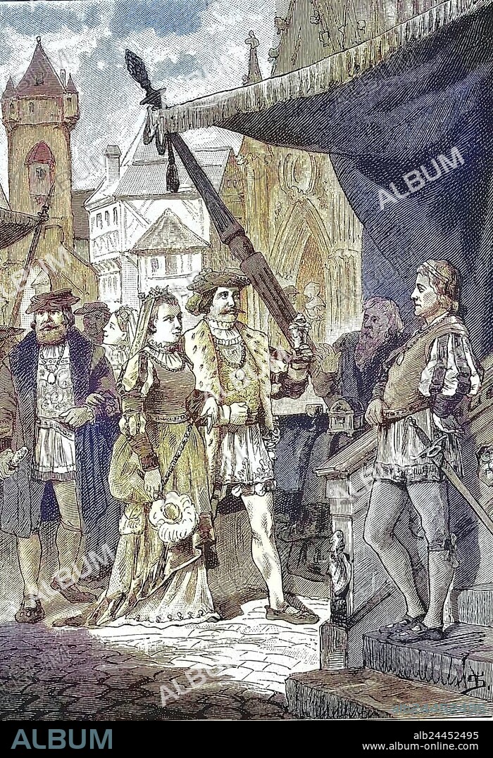 German Peasants' War, 1524-1526, bourgeois and knightly costumes at this time/German Peasants' War, bourgeois and knightly costumes at this time, historical, digitally restored reproduction of an original model from the 19th century, exact original date unknown, subsequently colored