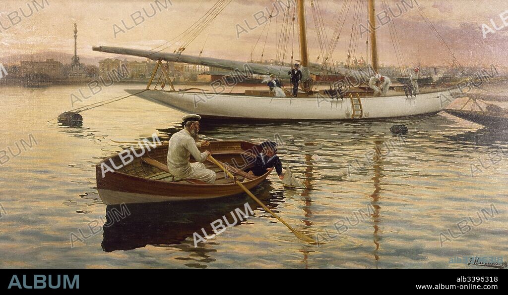 "Marina, puerto de Barcelona". Año 1898. Pintura realizada por Joan Llaverias i Labró (Vilanova i la Geltrú, 1865-Lloret de Mar, 1938). Pintor y dibujante catalán.
