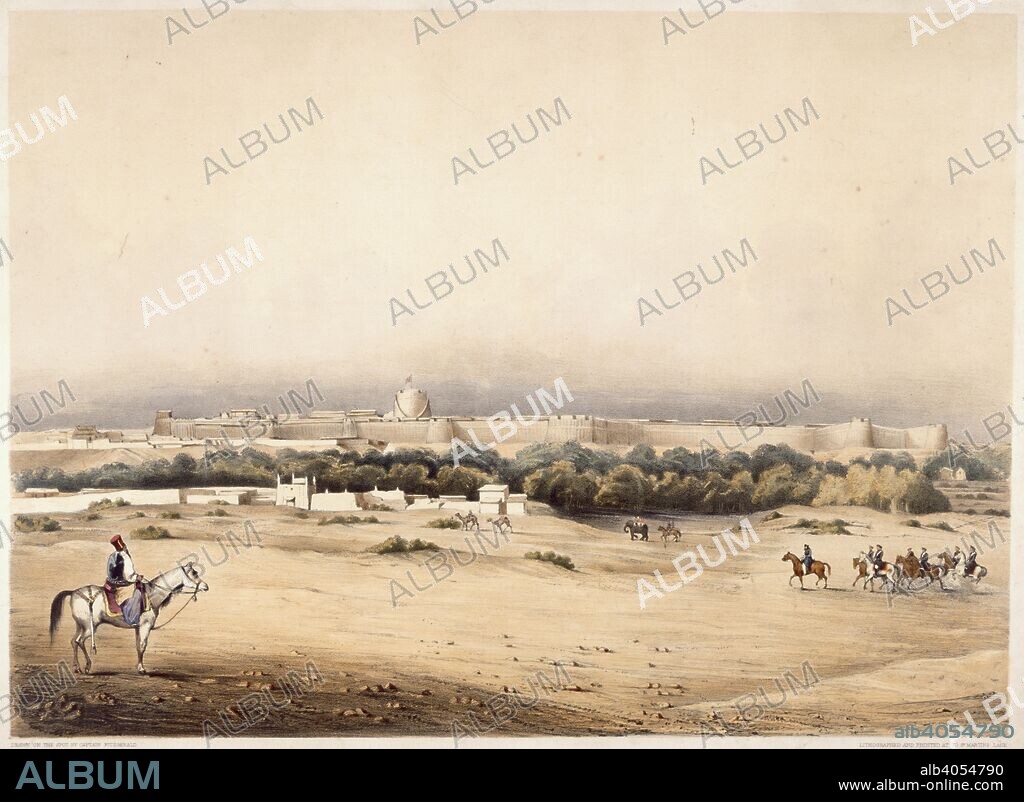 CAPT. SIR AUGUSTINE FITZGERALD. Hyderabad. c.1850. A view of Hyderabad in the Scinde. Sir Charles Napier in the foreground followed by his escort of Scinde horse. Lithograph.  Originally published/produced in c.1850. . Source: P199,.