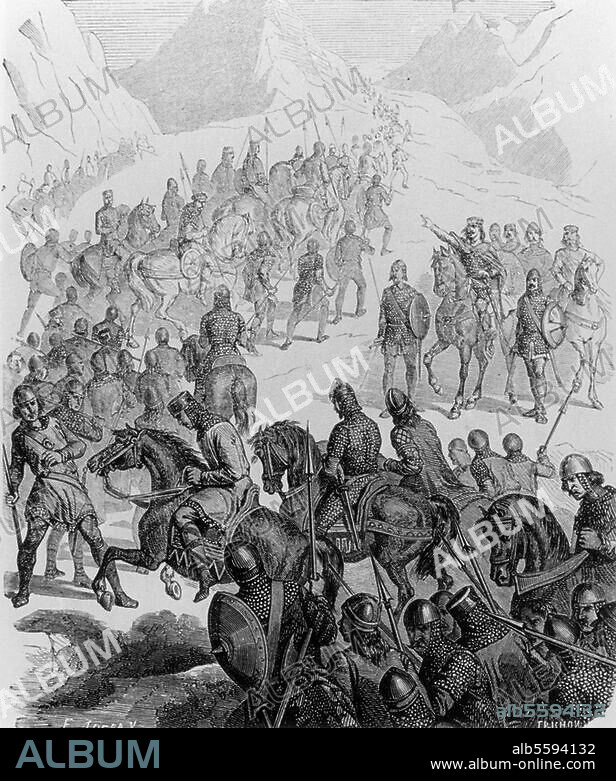 ANONYMOUS. Pepin (Pippin) III, the Younger (the Short); King of the Franks; 714-768. "Pépin le Bref force le passage des Alpes. Expédition contre les Lombards". (Pepin III crosses the Alps and helps Pope Stephen II fight the Lombards). Woodcut. From: "Histoire populaire de la France" (Éd. Charles Lahure), 1866.