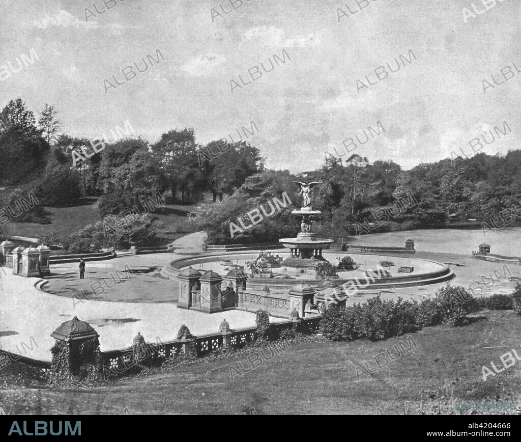 Bethesda Fountain, Central Park, New York, USA, c1900. Fountain with sculpture designed in 1868 by Emma Stebbins, the first woman to receive a public commission for a major work of art in New York City. From Scenic Marvels of the New World edited by Prof. Geo.R. Cromwell. [C.N.Greig & Co., c1900].
