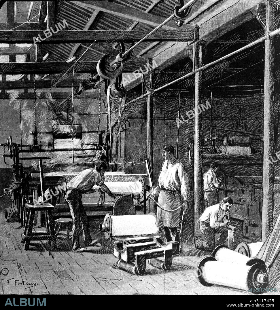 Interior de la fábrica textil equipada con máquinas de vapor "Vapor Vell", del barrio de Sants de Barcelona. Dibujo de Francisco Fortuny.