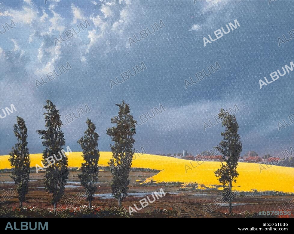 MATTHIAS KOEPPEL. Koeppel, Matthias geb. 1937. "Rapsfeld hinter Bäumen", 1999. Öl auf Leinwand, 30 × 40 cm. Privatsammlung.