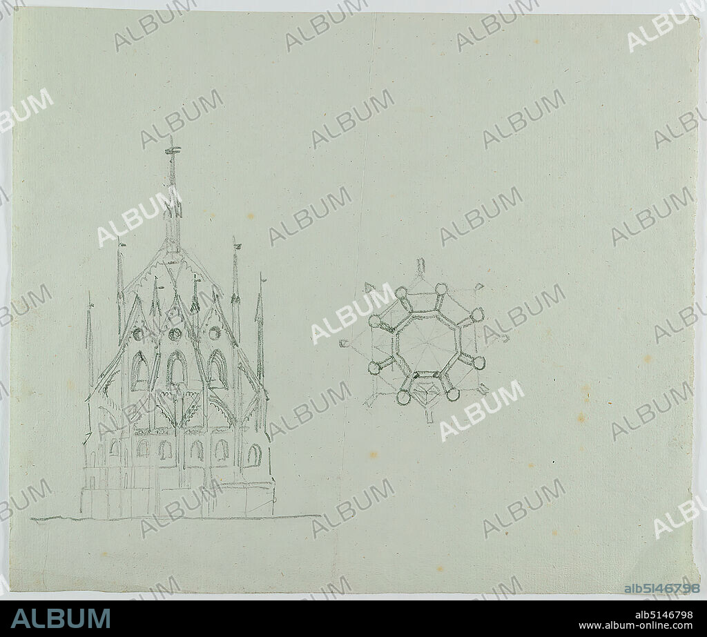 Theodor Bülau, Church. View and floor plan, paper, pencil, drawing, sheet size: height: 20.3 cm; width: 24 cm, unmarked, sketches, drawing, graphics, church construction and equipment (sacral building), draft, plan of a building, exterior of a church, chapel.