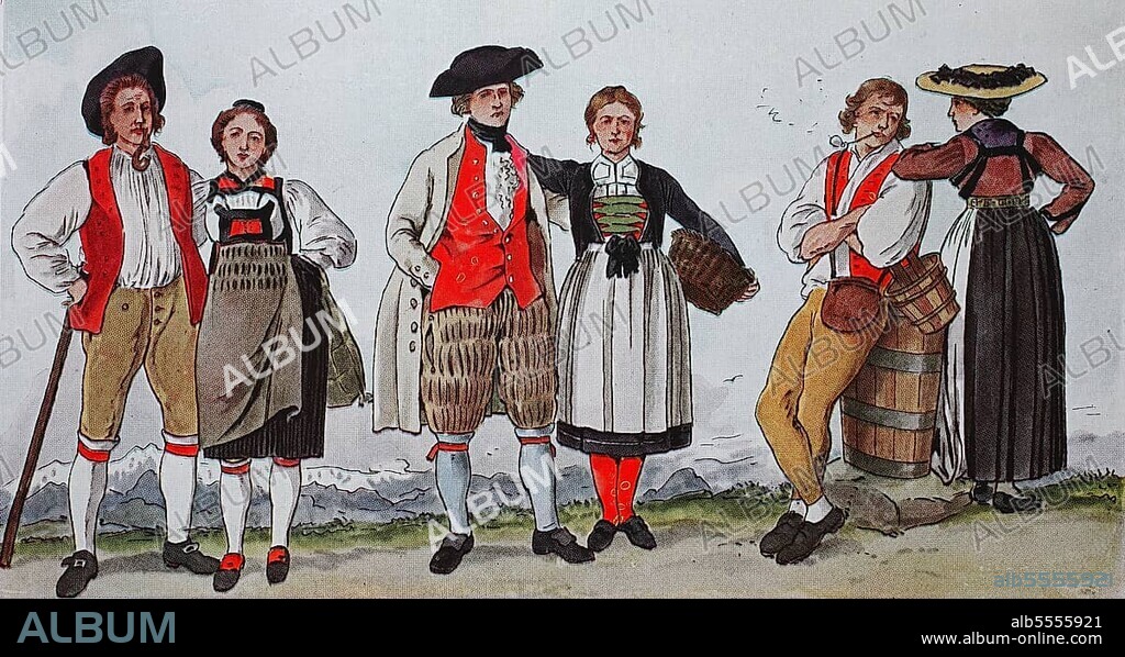 Mode, Kostüme, Kleidung in der Schweiz, um 1804, von links, junges Paar aus dem Kanton Bern, Paar aus dem Kanton Aargau und Paar aus dem Kanton Friborg, digital verbesserte Reproduktion einer Illustration aus dem 19. Jahrhundert.