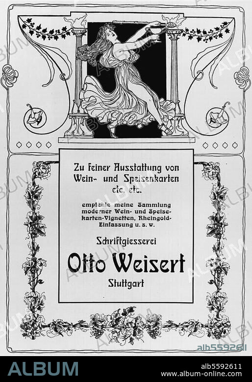 Gastronomie / Speisekarte:. "Zu feiner Ausstattung von Wein- und Speisenkarten (...) ". Zeitschriftenwerbung der Schriftgießerei Otto Weisert, Stuttgart. Aus: Deutscher Buch- und Steindrucker, Buchgewerbliche Monatsschrift, 10. Jg., Berlin, 1903/04.