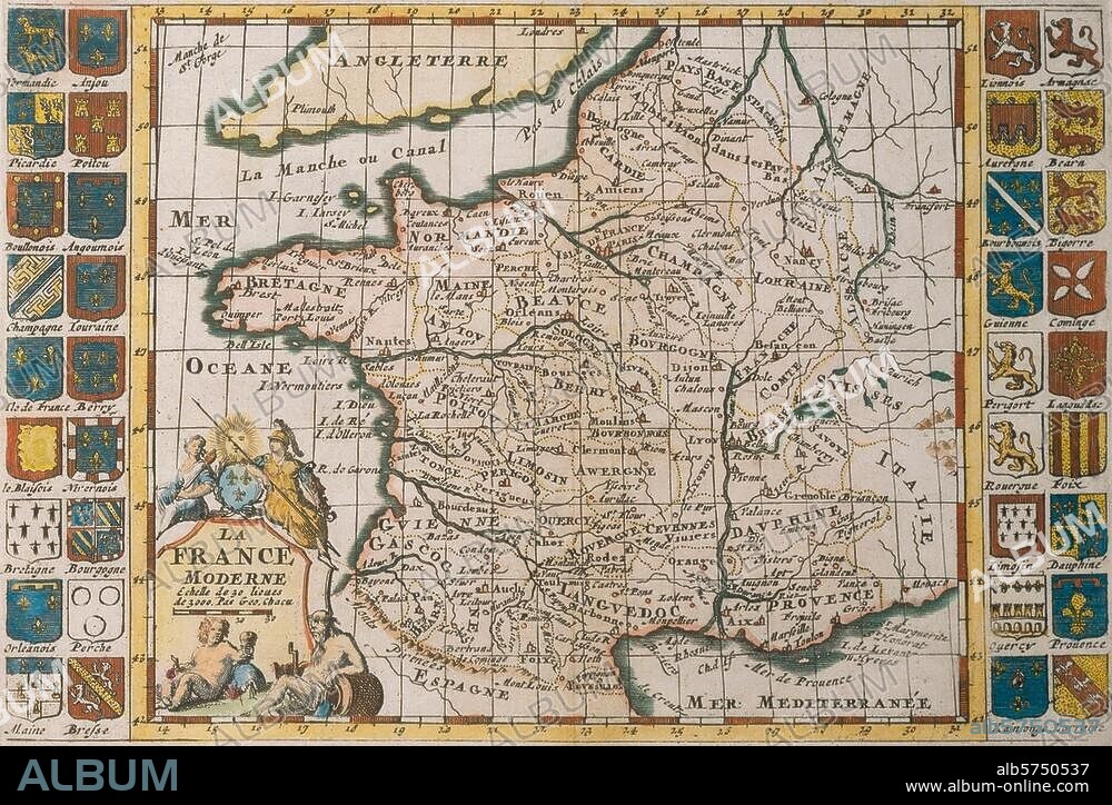 Frankreich / Landkarten:. "LA FRANCE MODERNE". (Rechts und links am Rand die Wappen der einzelnen Regionen). Kupferstich, koloriert, undat. Paris, Privatbesitz.