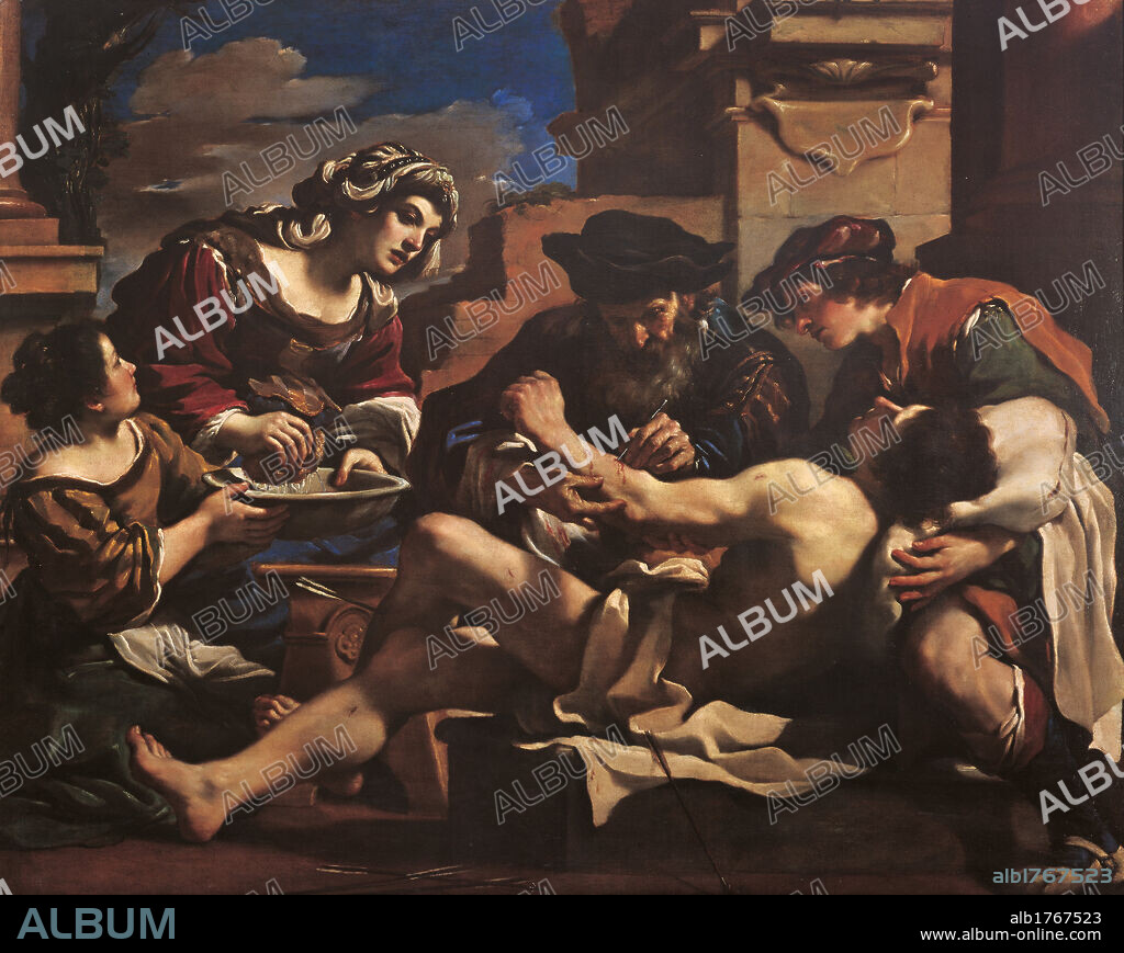 Saint Sebastian Tended by Saint Irene, by Giovan Francesco Barbieri known as il Guercino, 1619, 17th Century, oil on canvas, cm 179 x 225. Italy, Emilia Romagna, Bologna, National Picture Gallery. Acquired in 1970 from the collection of Carafa Caracciolo Princes. All. St Sebastian half naked body sick man wounds arrows maidservant woman saint Irene basin water sponge chiaroscuro light shadow brown blue yellow pillow doctor. Authorization required for non editorial use.