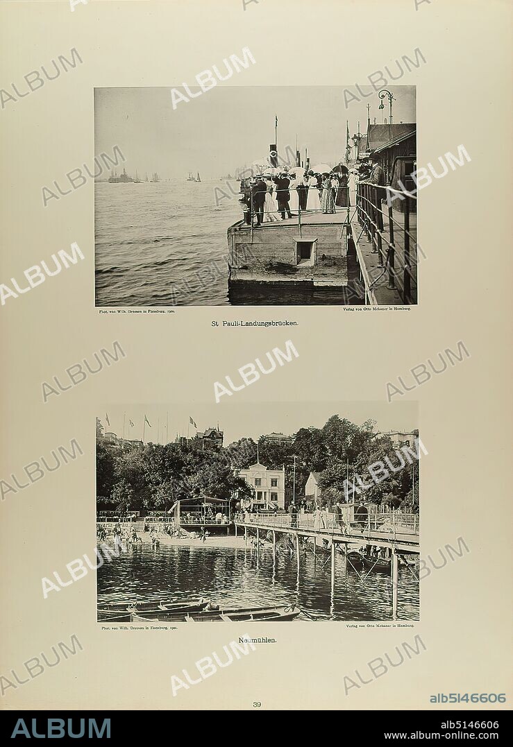 Wilhelm Dreesen, Otto Meissner, St. Pauli-Landungsbrücken und Neumühlen from the portfolio Neue malerische Bilder aus der Freien und Hansestadt Hamburg und ihrer Umgebung, Staatliche Landesbildstelle Hamburg, Collection on the history of photography, paper, collotype, Total: Height: 48,00 cm; Width: 35,00 cm, inscribed: recto u. Photographer, Publisher and title, travel photography, reporting photography, port, river.