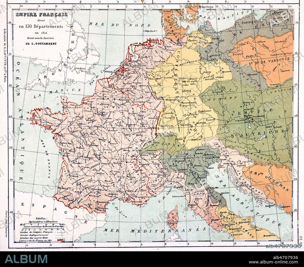 'Empire francais divise en 130 departements en 1812'. 1er EMPIRE, Carte tiree de l'Atlas geographique de CORTAMBERT, en 1892. Credit : Coll. Jonas/KHARBINE-TAPABOR.