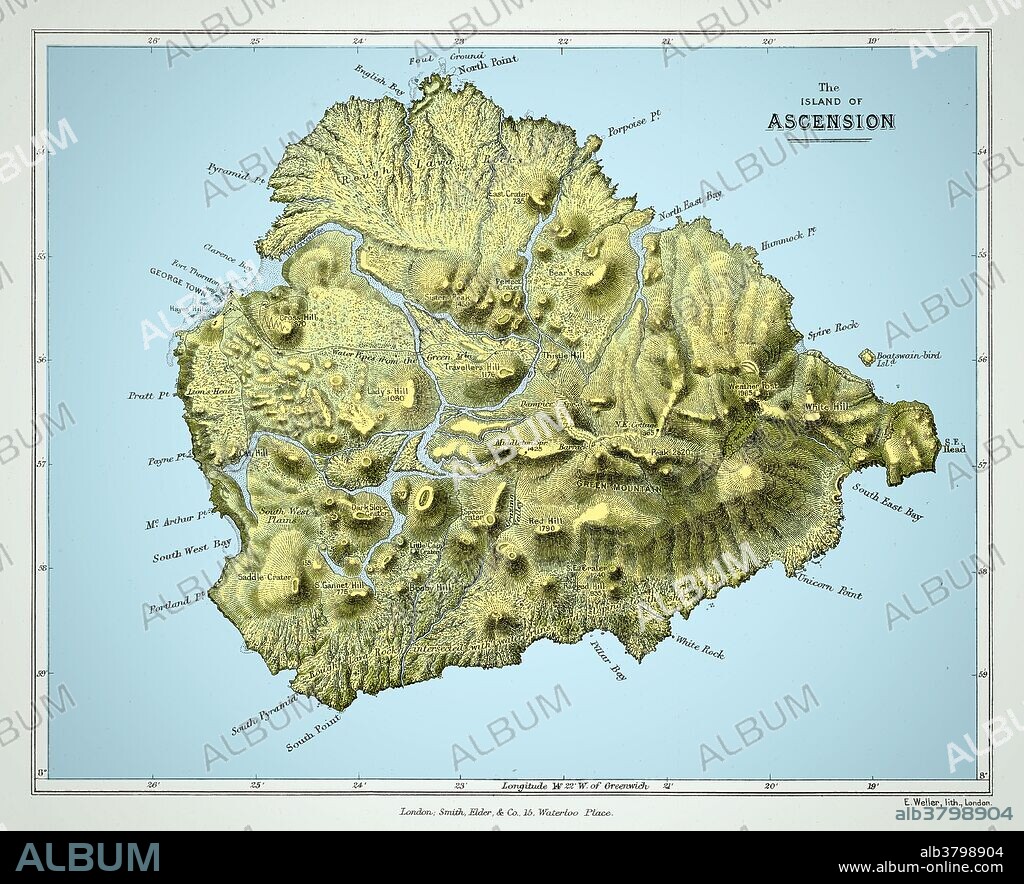 Map of the island of Ascension from Charles Darwin's Geological observations on the volcanic islands and parts of South America visited during the voyage of H.M.S. 'Beagle'. 2d edition. London: Smith Elder and Co., 1876. Ascension Island is an isolated volcanic island in the equatorial waters of the South Atlantic Ocean, around 1,600 kilometres (1,000 mi) from the coast of Africa and 2,250 kilometres (1,400 mi) from the coast of South America, which is roughly midway between the horn of South America and Africa. This image has been color enhanced.