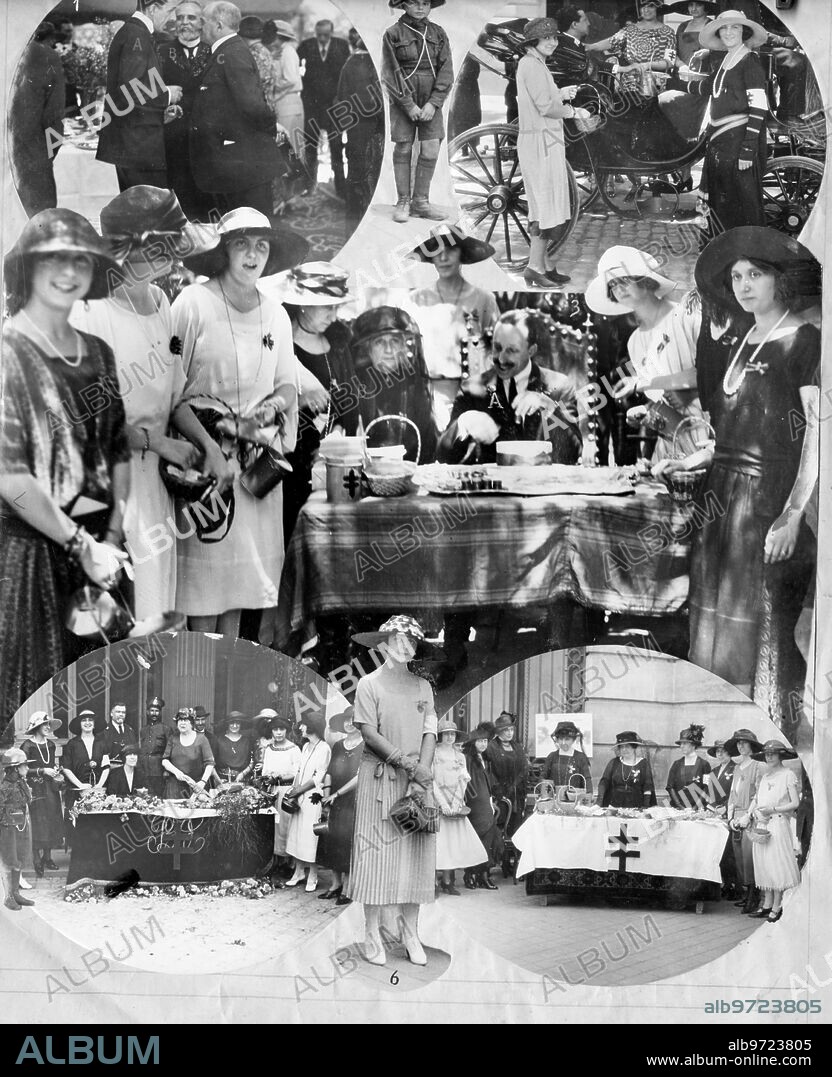 Mayo 1922. Madrid la fiesta de la flor
1.- su majestad el Rey (A) Conversando con los Sres. Sánchez Guerra (B) y Conde de Romanones (C) en el puesto de la condesa de Romanones. 2.-Distinguidas Postulantes Asaltando un Coche. 3.- D. Alfonso Xiii (A), en el puesto de la condesa de Romanones (B); 4.- puesto de lar Marquesas de Cañada honda y de la Frontera. 5.-puesto de la marquesa de Valdeolmos. 6.- la Señorita paloma Falcó, Hija de los Duques de Montellano, durante la recaudación.