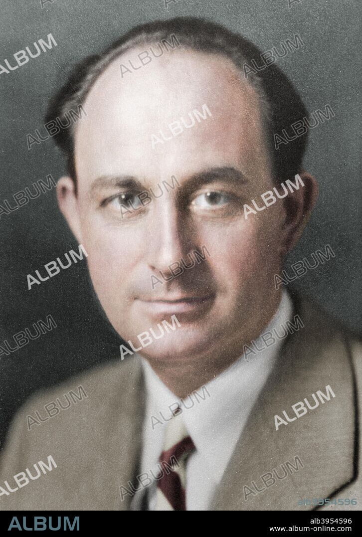Enrico Fermi, Italian-born American nuclear physicist, c1938. Fermi (1901-1954) constructed the first working nuclear reactor, in a squash court at the University of Chicago in 1942. He won the Nobel Prize for Physics in 1938 for his demonstrations of the existence of new radioactive elements produced by neutron irradiation, and for his related discovery of nuclear reactions brought about by slow neutrons. Photograph by courtesy of the Nobel Foundation. (Colorised black and white print).