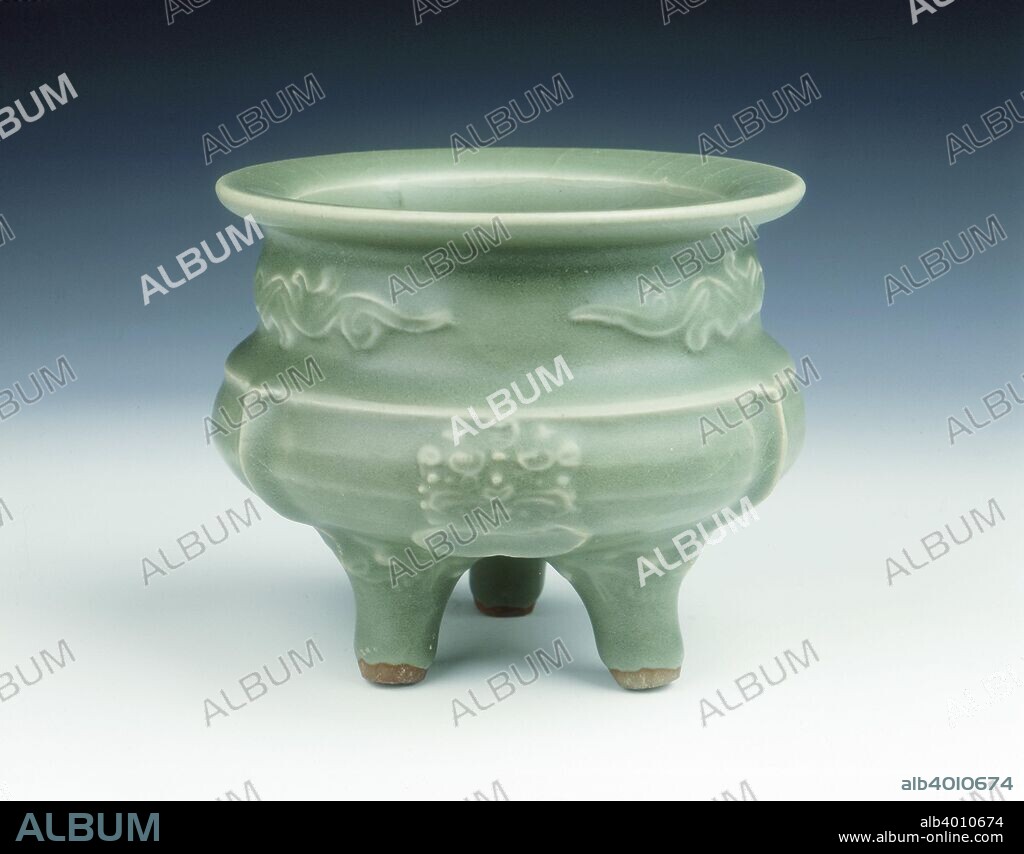 Longquan celadon tripod censer with dragon appliques, Yuan dynasty, China, late 13th-early 14th century. A Longquan celadon tripod censer. The globular body is supported on three stubby legs issuing from moulded monster heads. The sides are divided by vertical flanges rising to the short stepped shoulders beneath the everted rim. The neck is applied with three dragon appliques while the body is decorated with three animal mask appliques.