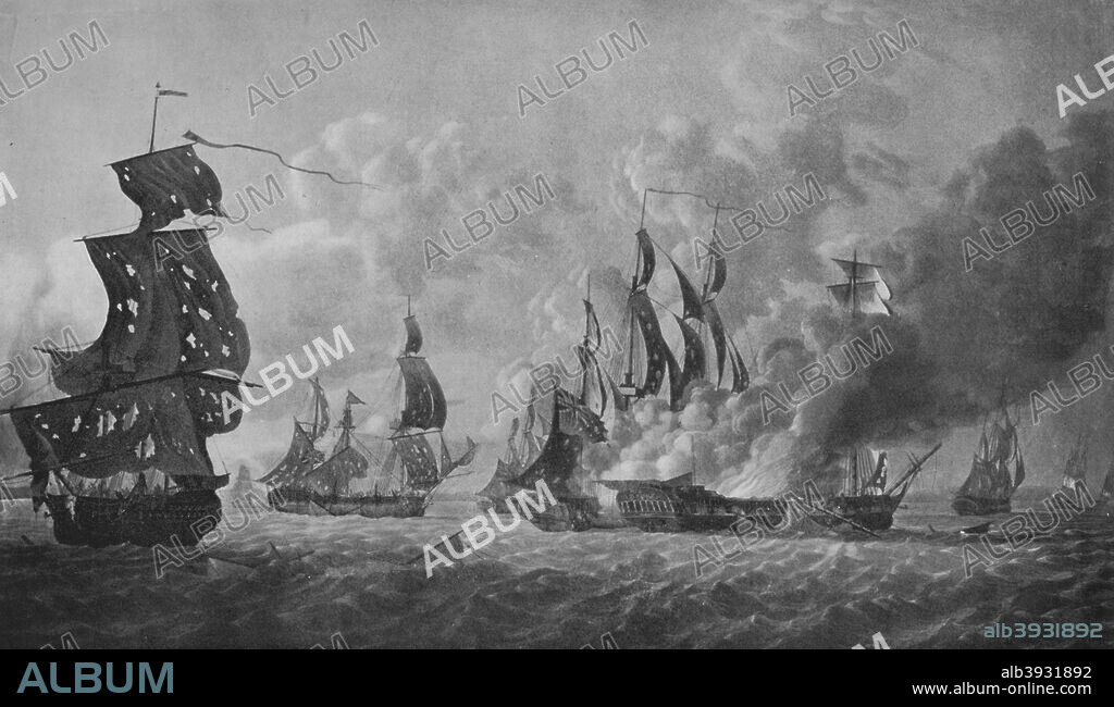 'St George's Day, 1794', c1795. A squadron of British warships engaged in a battle with a French fleet off the shores of Guernsey on St George's Day, 23 April 1794. From Old Naval Prints, by Charles N. Robinson & Geoffrey Holme. [The Studio Limited, London, 1924].