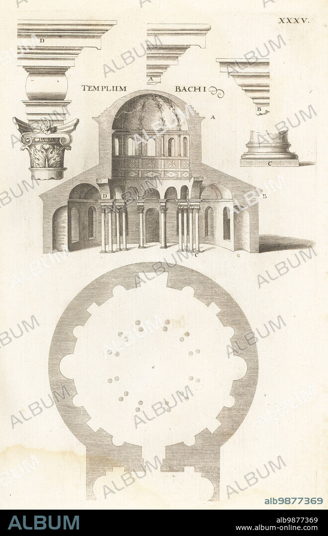 Plan and section of the dome of the Santa Costanza, the mausoleum to Roman Emperor Constantine I's daughter Constantia, Rome. Erroneously titled Temple of Bacchus, Templum Bachi. Copied from Sebastiano Serlio's Libro Terzo. Copperplate engraving by Johann Franck from Joachim von Sandrarts LAcademia Todesca, della Architectura, Scultura & Pittura, oder Teutsche Academie, der Edlen Bau- Bild- und Mahlerey-Kunste, German Academy of Architecture, Sculpture and Painting, Jacob von Sandrart, Nuremberg, 1675.